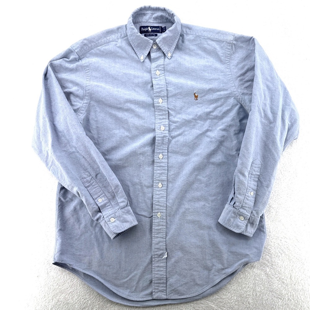 VTG 90's Ralph Lauren Mens Button Down Shirt 16-35 Blue Long Chambray Denim - Picture 2 of 7